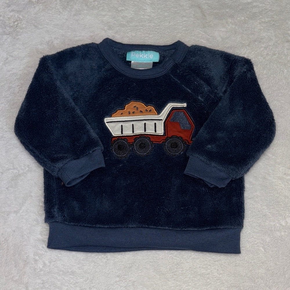 PEKKLE Cozy Blue Sweater with Dump Truck Design 6 months